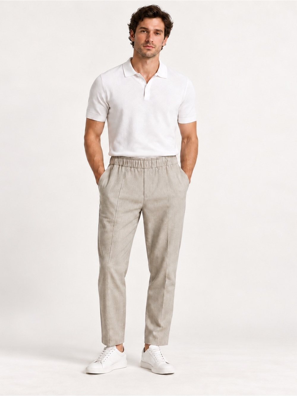 Zara Men Slim Fit Herringbone Pull-On Pants Beige XL 34